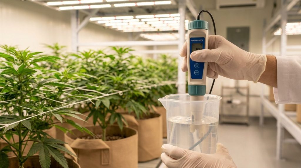 Mains réglant le pH d'une solution nutritive avec un pH-mètre au-dessus de jeunes plants de cannabis dans une culture lumineuse
