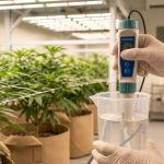 Mains réglant le pH d'une solution nutritive avec un pH-mètre au-dessus de jeunes plants de cannabis dans une culture lumineuse