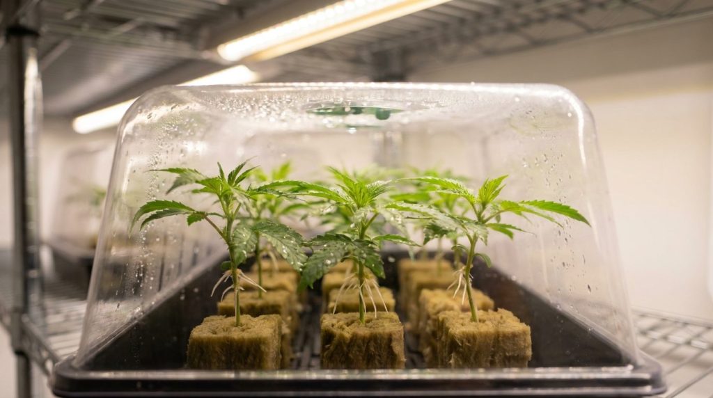 Boutures de cannabis fraîchement plantées dans des cubes d'enracinement sous une mini-serre transparente, en culture indoor lumineuse