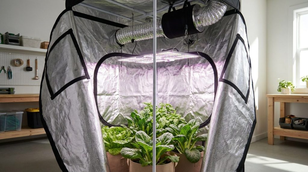 Chambre de culture d intérieur ouverte avec revêtement réfléchissant, éclairage horticole et plantes vertes sous une lumière professionnelle