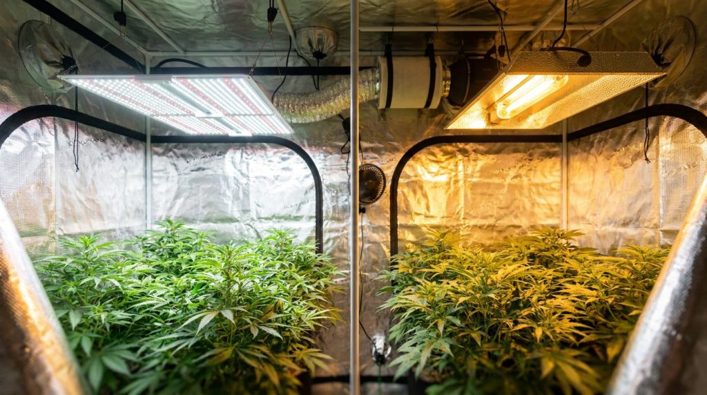 Lampes LED et lampe HPS au sodium éclairant des plants verts dans une chambre de culture en intérieur
