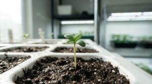 Jeune plantule de cannabis avec ses premières feuilles émergeant d'un substrat humide sous une lumière douce