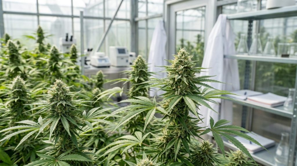 Plant de cannabis en culture sous serre, feuilles vertes détaillées et lumière naturelle, contexte agronomique de sélection variétale