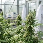 Plant de cannabis en culture sous serre, feuilles vertes détaillées et lumière naturelle, contexte agronomique de sélection variétale