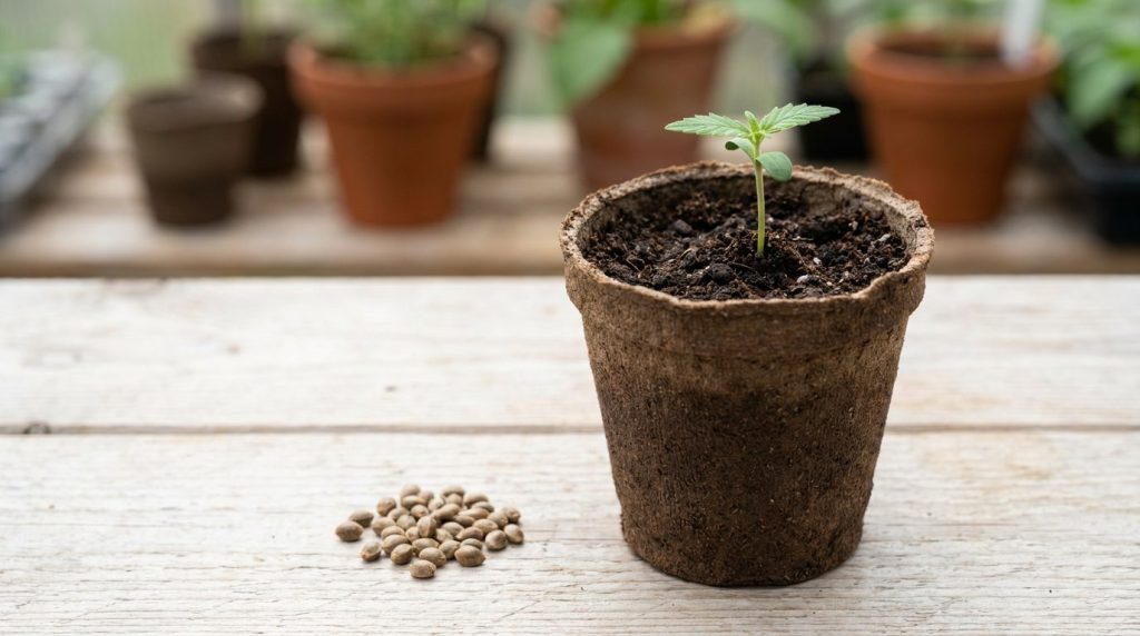 Jeune plant de chanvre vert poussant dans un substrat, à côté de graines de chanvre posées sur une surface claire, lumière naturelle