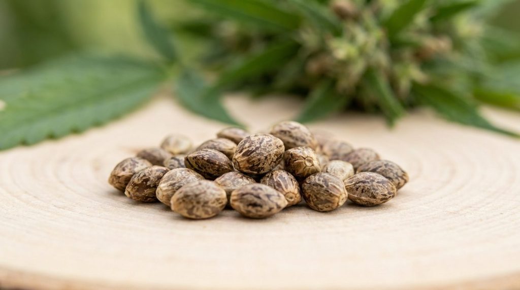 Plusieurs graines de cannabis brunes et marbrées posées sur une surface claire en gros plan, sous une lumière naturelle douce
