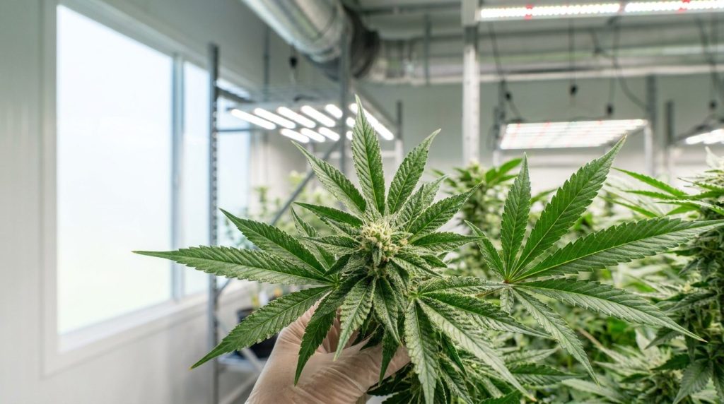 Plant de cannabis examiné de près sous une lumière naturelle dans un espace de culture, feuilles vertes saines inspectées par un cultivateur