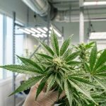 Plant de cannabis examiné de près sous une lumière naturelle dans un espace de culture, feuilles vertes saines inspectées par un cultivateur