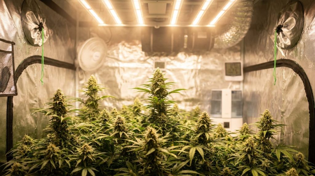 Plants de cannabis luxuriants en culture intérieure sous un éclairage horticole, fleurs denses et feuillage vert vif