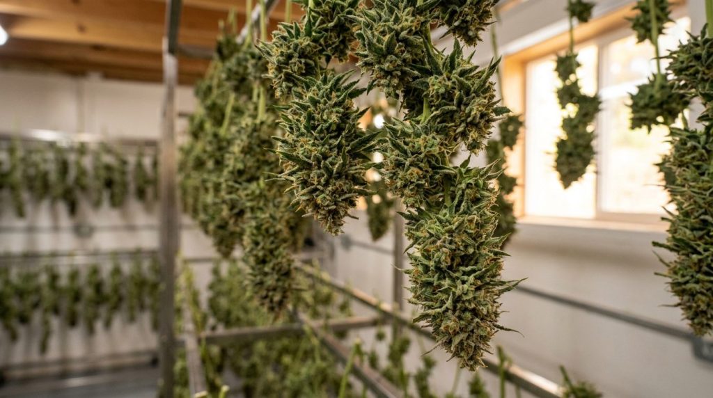 Têtes de cannabis suspendues séchant dans une pièce sombre et aérée, lumière douce mettant en valeur les trichomes