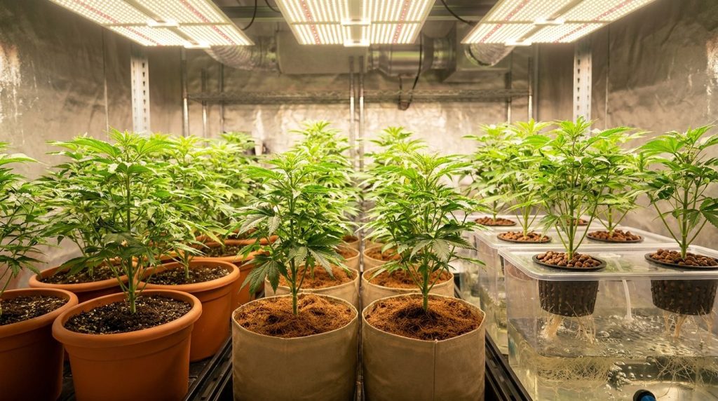 Plants de cannabis cultivés en intérieur sur différents substrats, terreau, fibre de coco et système hydroponique, sous lumière de culture.