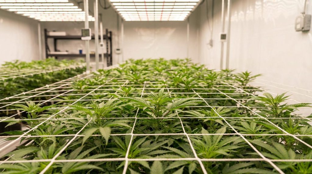 Plants de cannabis palisses sous un filet horizontal de SCROG dans un espace de culture indoor lumineux