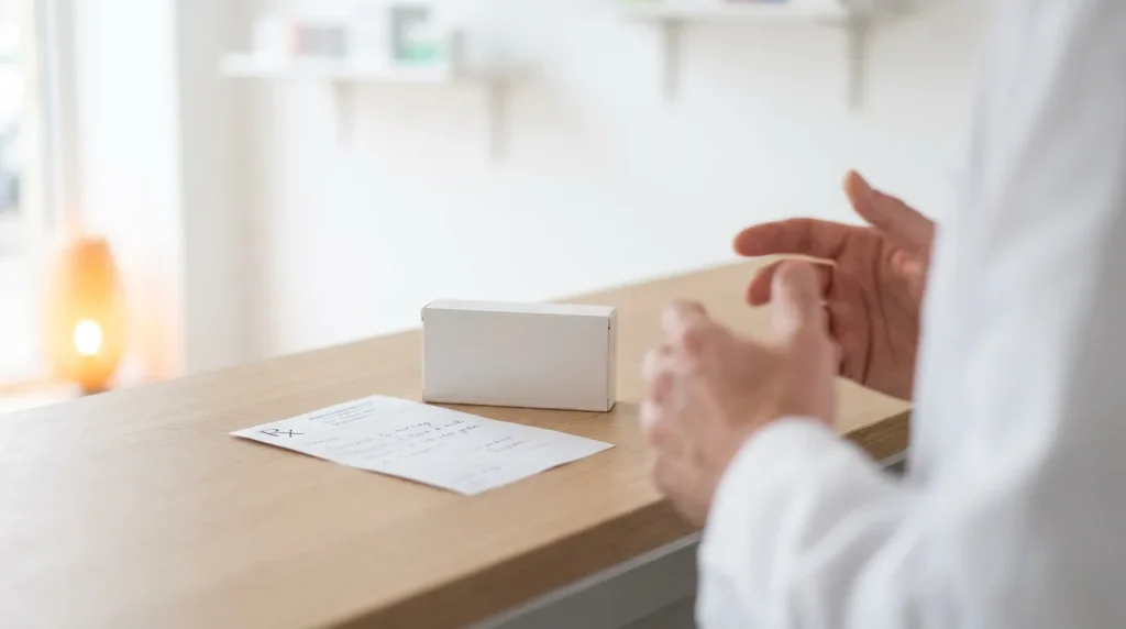 Comptoir de pharmacie avec une ordonnance médicale, sur fond clair
