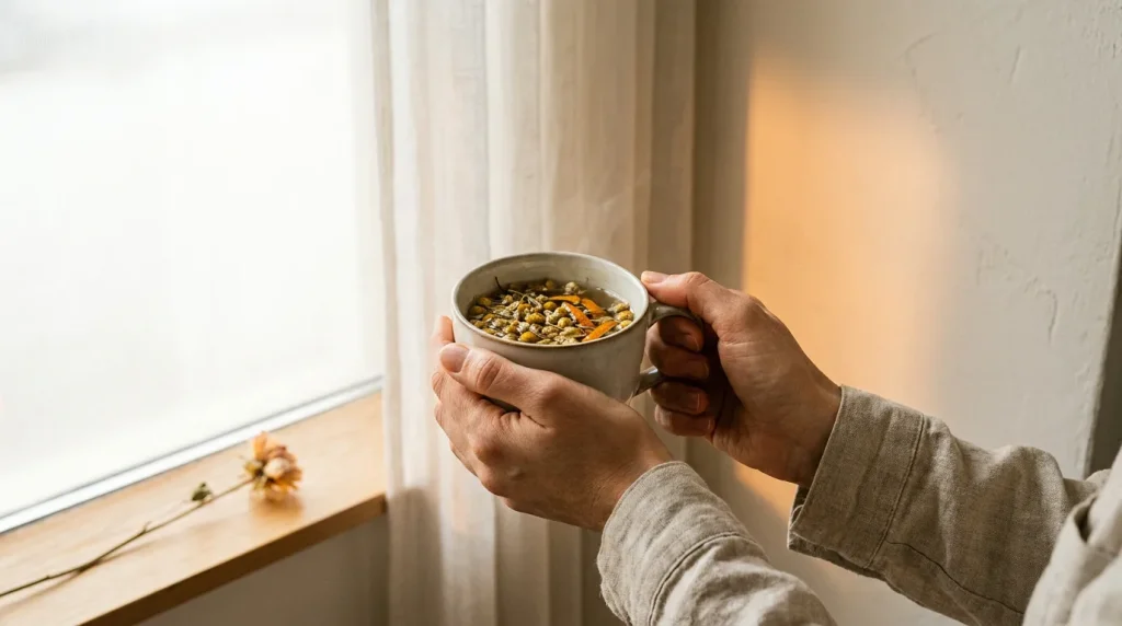 Mains tenant une tasse d'infusion près d'une fenêtre lumineuse, ambiance apaisée