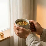 Mains tenant une tasse d'infusion près d'une fenêtre lumineuse, ambiance apaisée