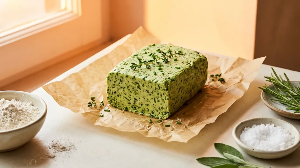 Beurre de cannabis infusé aux herbes sur papier cuisson, sur fond clair
