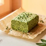 Beurre de cannabis infusé aux herbes sur papier cuisson, sur fond clair