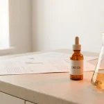 Flacon d'huile de CBD près de verrerie de laboratoire, ambiance scientifique