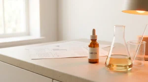 Flacon d'huile de CBD près de verrerie de laboratoire, ambiance scientifique