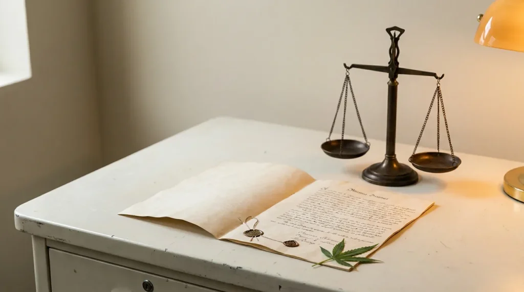 Balance de la justice à côté d'un document légal et d'une feuille de cannabis, sur fond clair