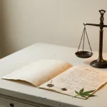 Balance de la justice à côté d'un document légal et d'une feuille de cannabis, sur fond clair