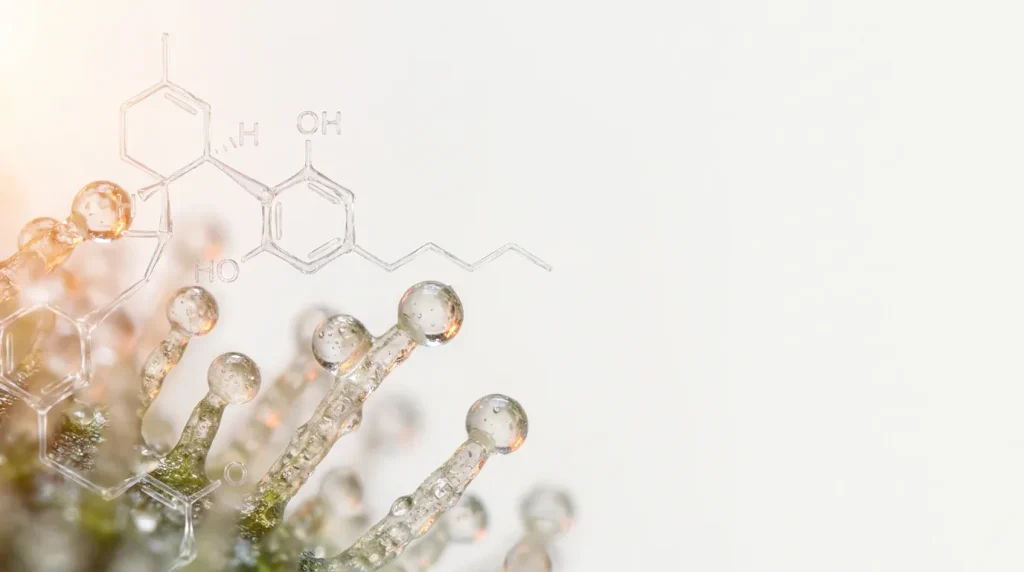 Macro de trichomes de cannabis produisant les cannabinoïdes, illustration scientifique