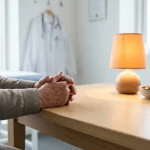 Mains d'une personne âgée posées calmement sur une table en cadre clinique clair