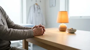 Mains d'une personne âgée posées calmement sur une table en cadre clinique clair