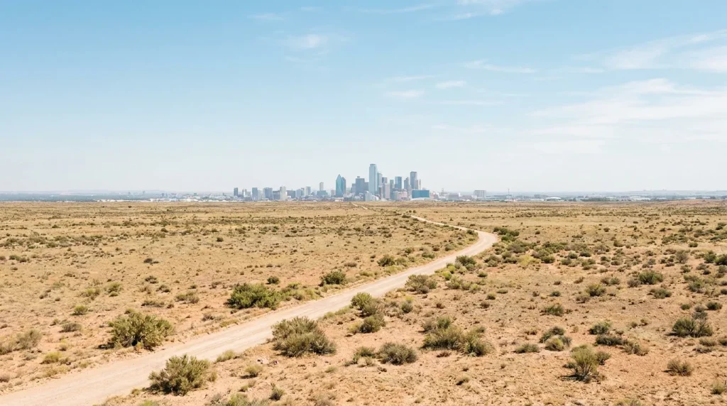 Large paysage américain avec une skyline urbaine au loin