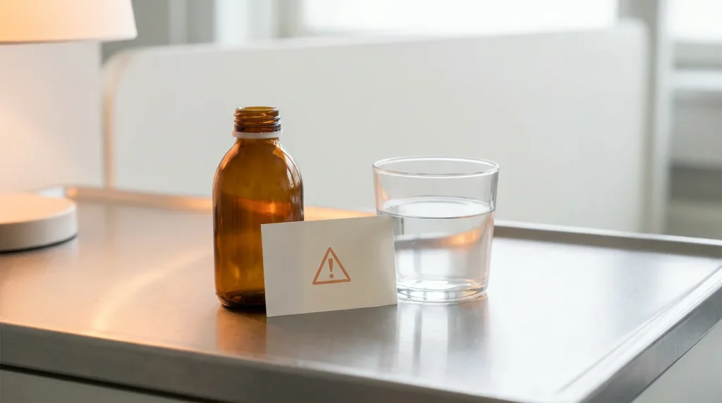 Flacon de médicament neutre à côté d'un symbole d'avertissement et d'un verre d'eau