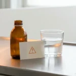 Flacon de médicament neutre à côté d'un symbole d'avertissement et d'un verre d'eau