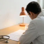 Médecin examinant un dossier médical avec un stéthoscope, sur fond clair