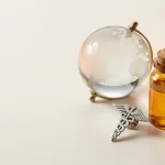 Globe à côté d'un symbole médical et d'un flacon, contexte médical mondial