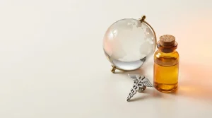Globe à côté d'un symbole médical et d'un flacon, contexte médical mondial
