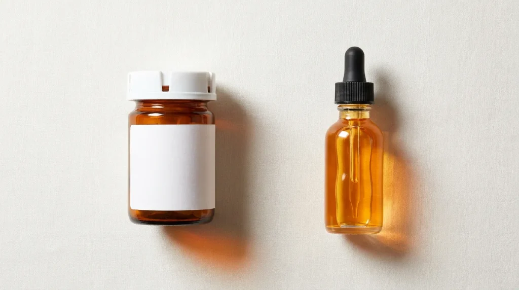 Comparaison d'un flacon de médicament sur prescription et d'un flacon de bien-être, sur fond clair