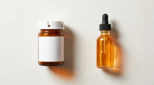 Comparaison d'un flacon de médicament sur prescription et d'un flacon de bien-être, sur fond clair