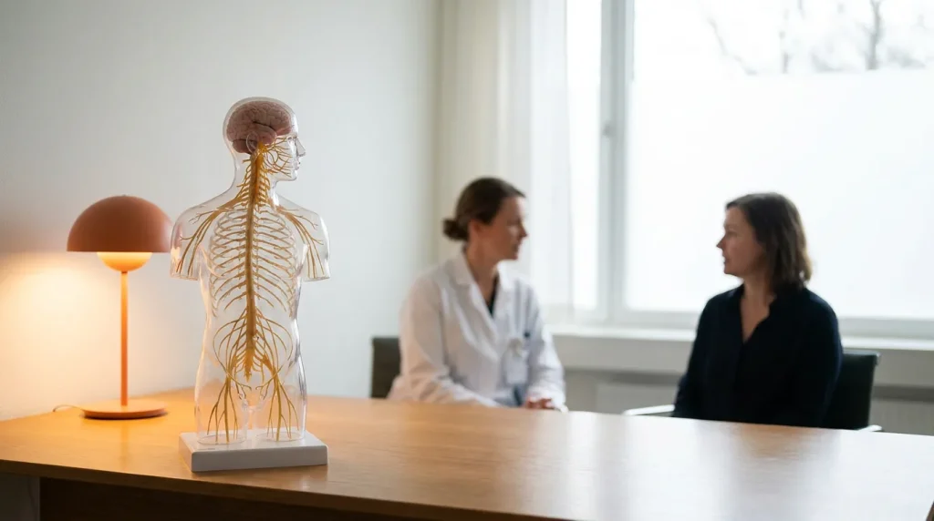 Modèle anatomique du système nerveux en cadre clinique sobre, sur fond clair