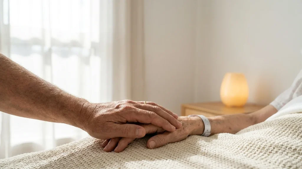 Main d'un soignant tenant celle d'un patient près d'une fenêtre lumineuse