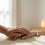 Main d'un soignant tenant celle d'un patient près d'une fenêtre lumineuse