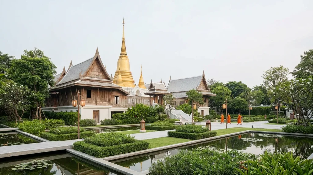 Temple thaïlandais serein aux tons dorés sous une lumière douce