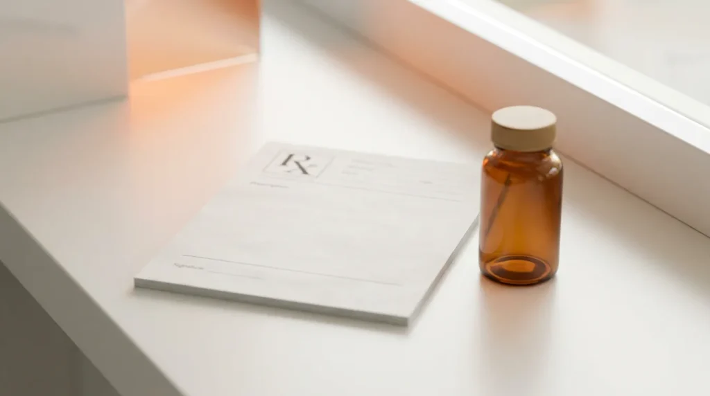 Ordonnance médicale et flacon sur un comptoir de pharmacie, sur fond clair