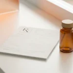 Ordonnance médicale et flacon sur un comptoir de pharmacie, sur fond clair