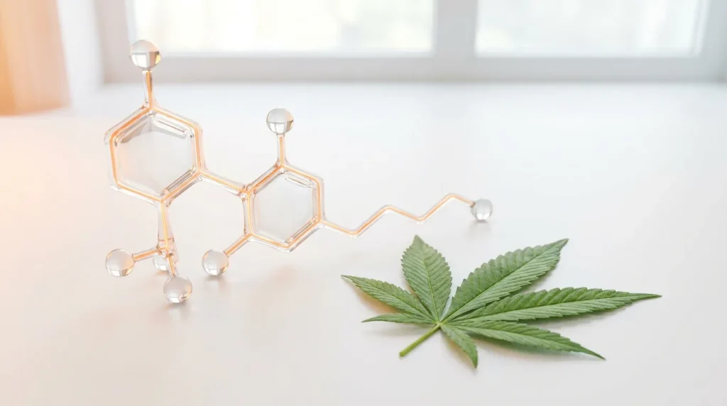 Molécule de cannabidiol CBD en rendu 3D près d une feuille de chanvre sur fond clair