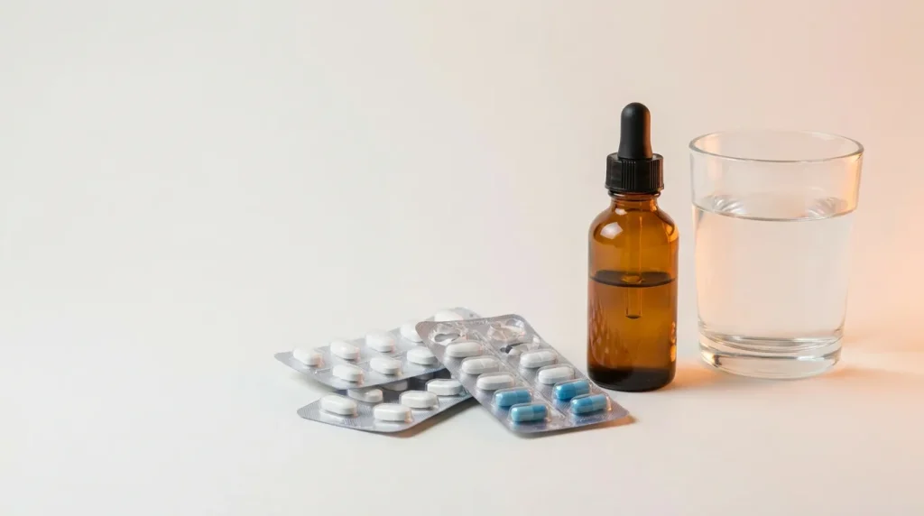 Flacon de CBD à côté de plaquettes de médicaments et d'un verre d'eau, sur fond clair