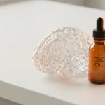 Modèle anatomique de cerveau translucide à côté d'un flacon de CBD, sur fond clair