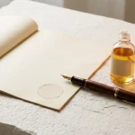 Document officiel avec un stylo plume à côté d'un flacon de CBD, sur fond clair