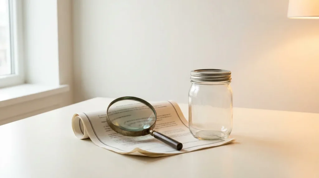 Bocal alimentaire en verre, document officiel et loupe, concept de réglementation, sur fond clair