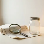 Bocal alimentaire en verre, document officiel et loupe, concept de réglementation, sur fond clair