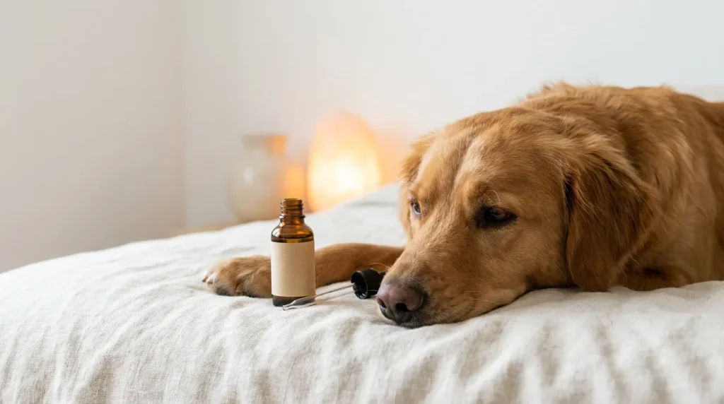 Chien calme au repos près d'un flacon de CBD pour animaux, sur fond clair