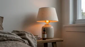 Flacon d'huile de CBD sur une table de chevet, ambiance apaisée